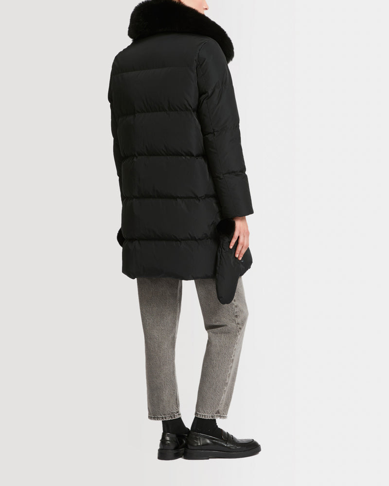 Long belted down jacket in technical fabric with fur collar