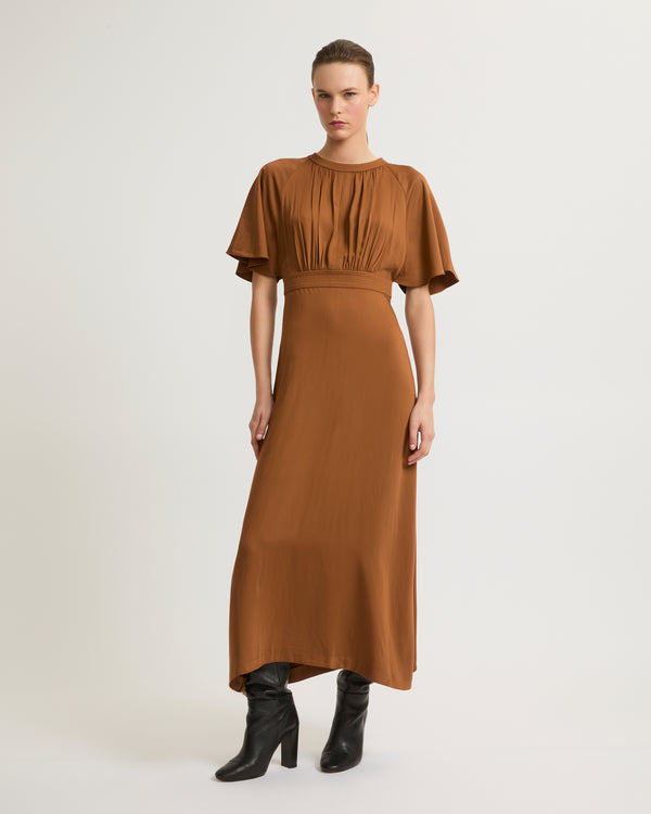 Long belted dress in matte satin fabric-Yves Salomon-Winter sale & boxing day
