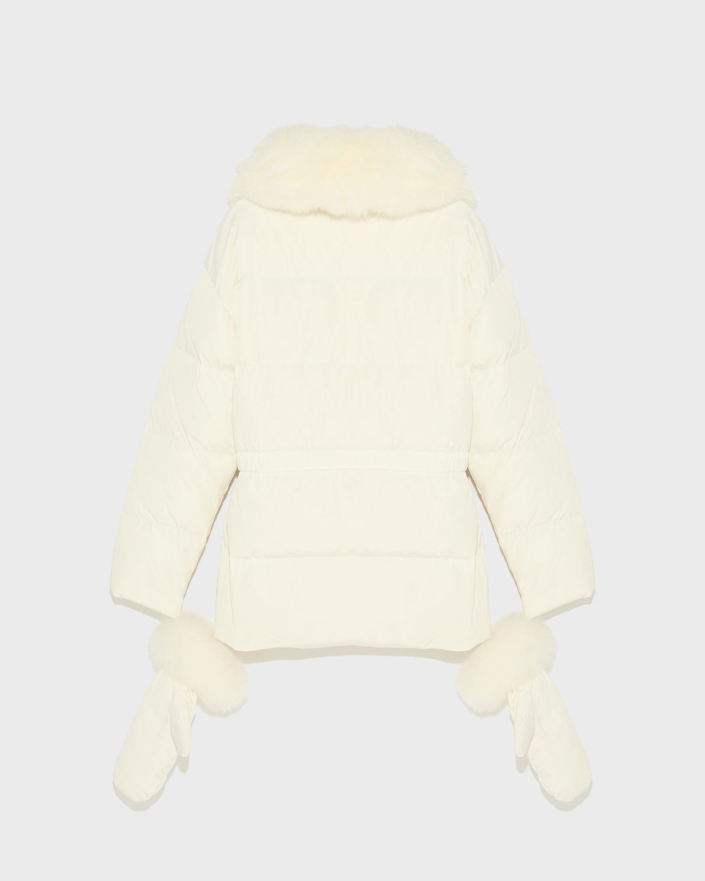Belted technical fabric down jacket with detachable fox fur collar
