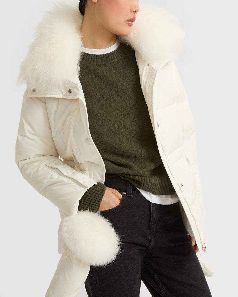 Belted technical fabric down jacket with detachable fox fur collar
