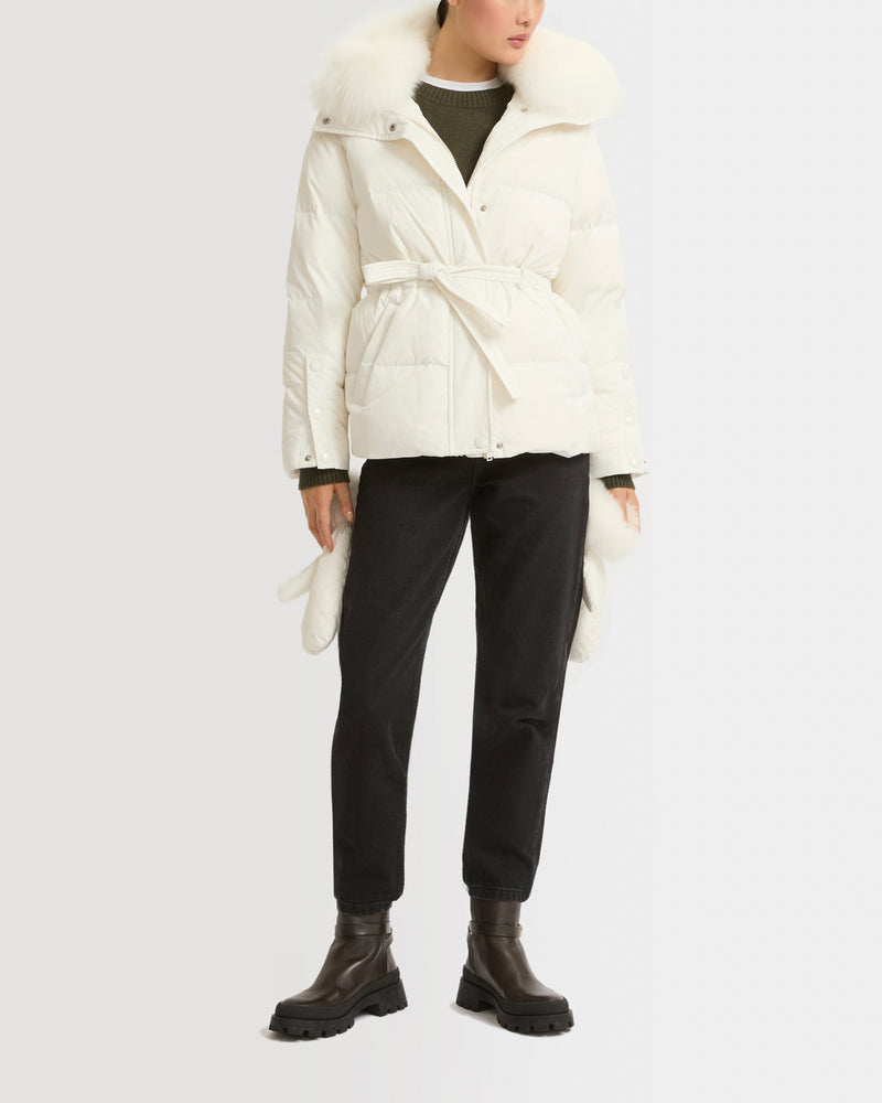 Belted technical fabric down jacket with detachable fox fur collar
