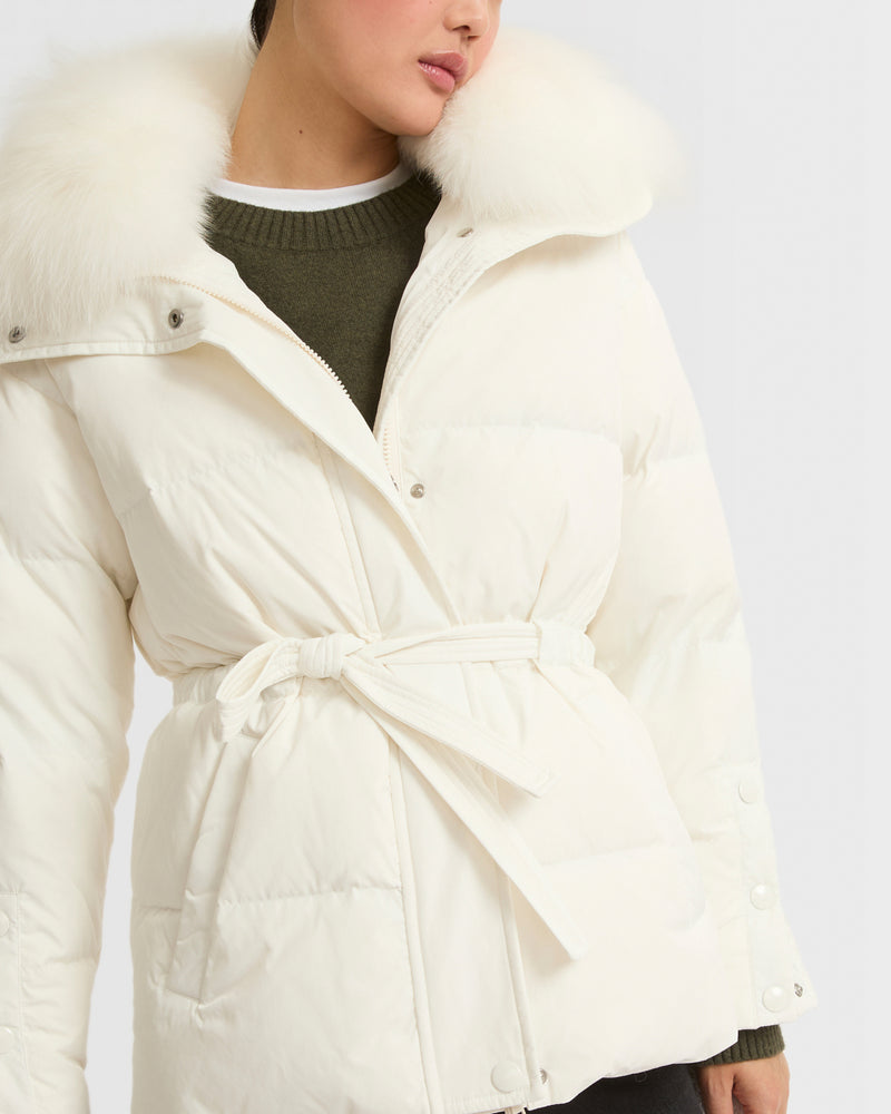 Belted technical fabric down jacket with detachable fox fur collar