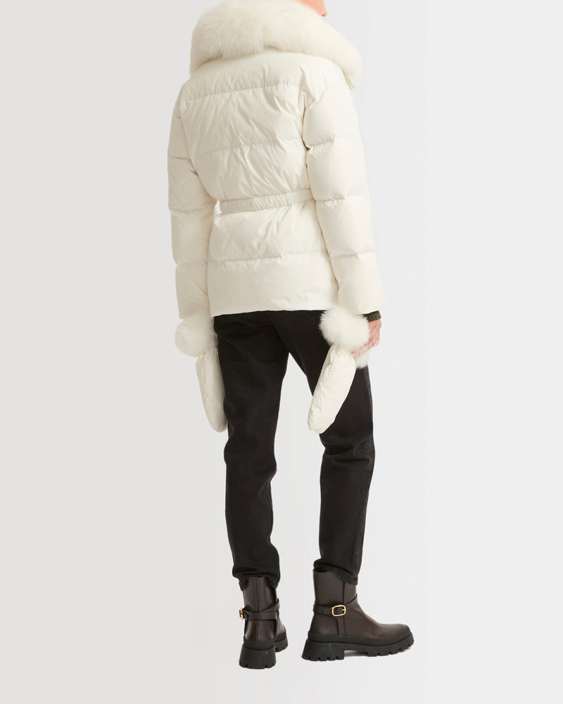 Belted technical fabric down jacket with detachable fox fur collar