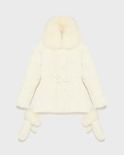 Belted technical fabric down jacket with detachable fox fur collar