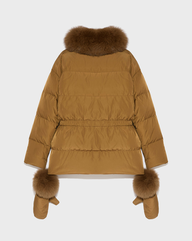 Belted technical fabric down jacket with detachable fox fur collar-Yves Salomon-Winter sale & boxing day