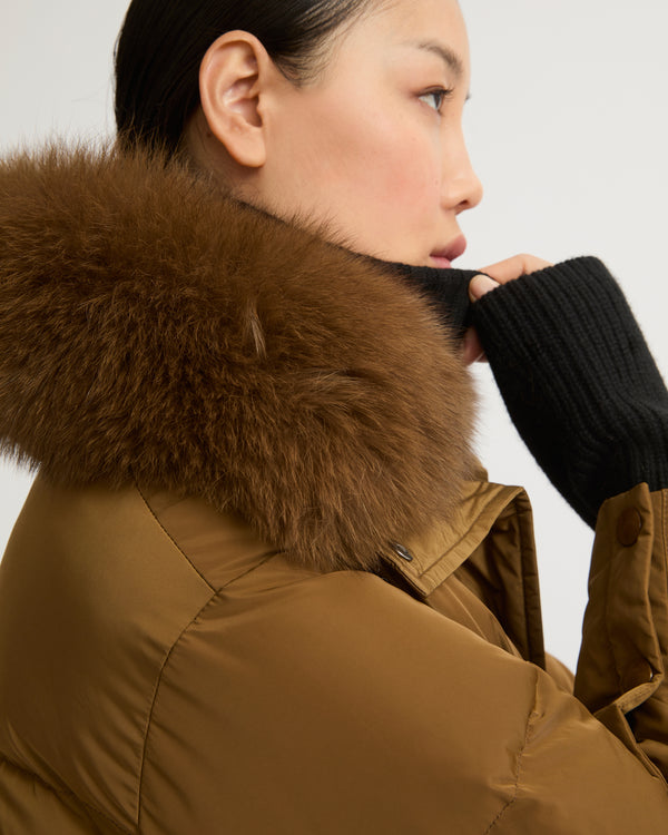 Belted technical fabric down jacket with detachable fox fur collar-Yves Salomon-Winter sale & boxing day