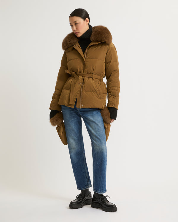 Belted technical fabric down jacket with detachable fox fur collar-Yves Salomon-Winter sale & boxing day