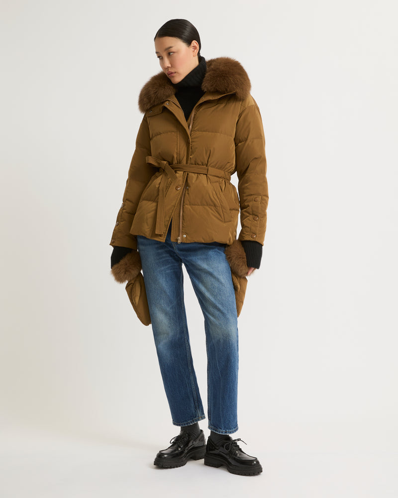 Belted technical fabric down jacket with detachable fox fur collar-Yves Salomon-Winter sale & boxing day