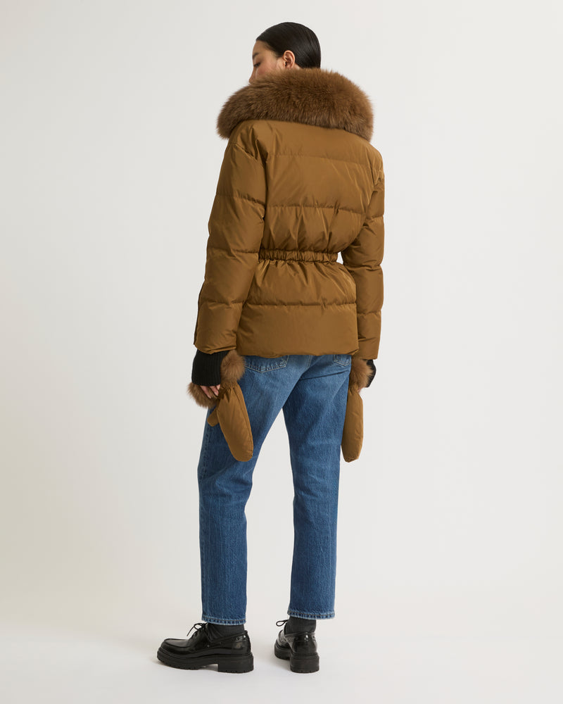 Belted technical fabric down jacket with detachable fox fur collar-Yves Salomon-Winter sale & boxing day