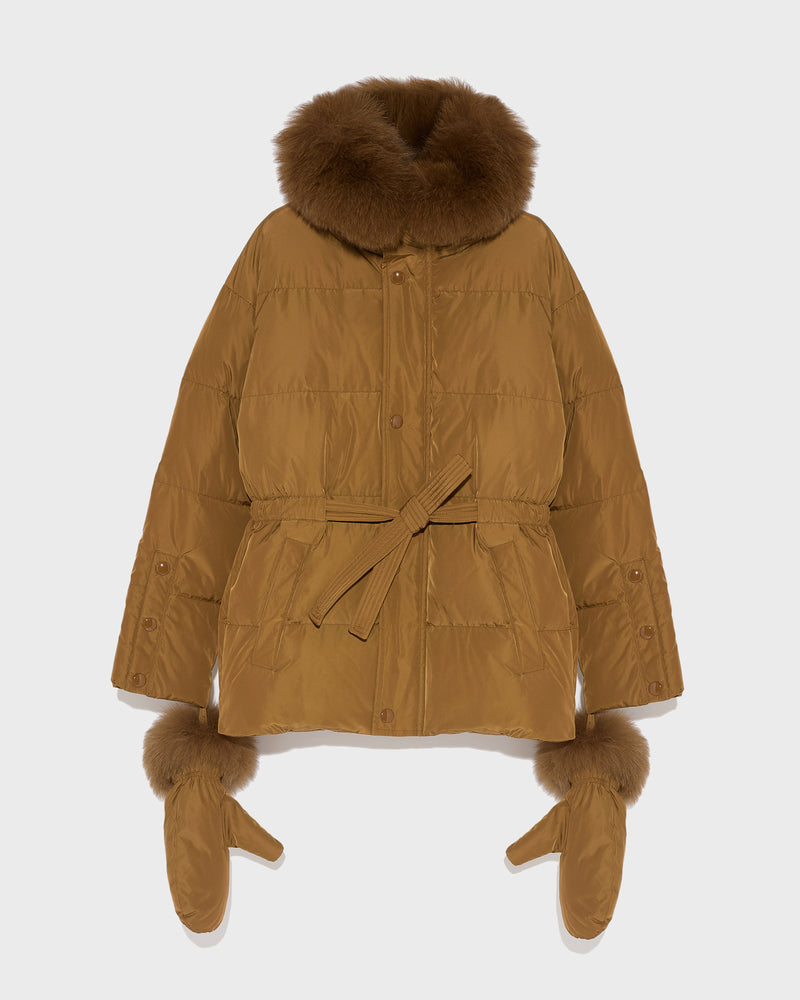 Belted technical fabric down jacket with detachable fox fur collar-Yves Salomon-Winter sale & boxing day