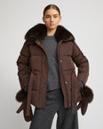 Belted technical fabric down jacket with detachable fox fur collar
