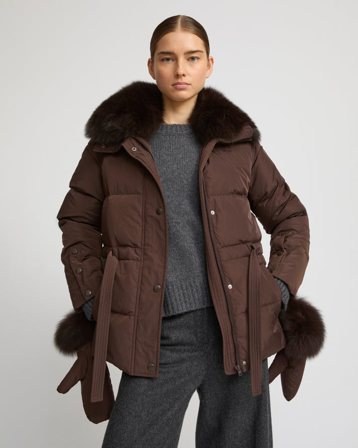 Belted technical fabric down jacket with detachable fox fur collar