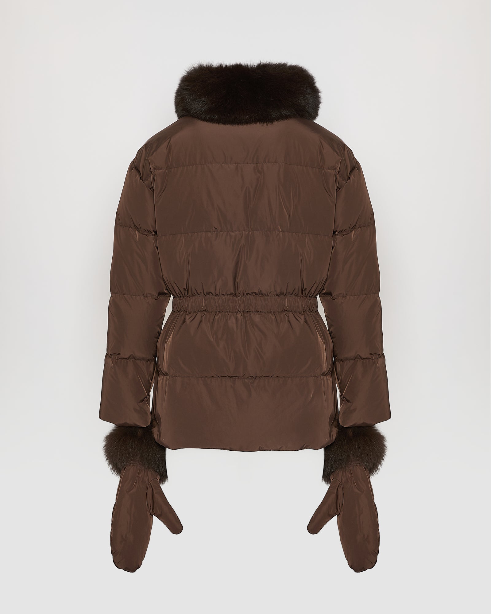 Belted technical fabric down jacket with detachable fox fur