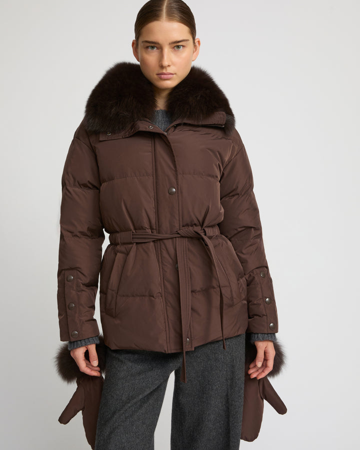 Belted technical fabric down jacket with detachable fox fur collar