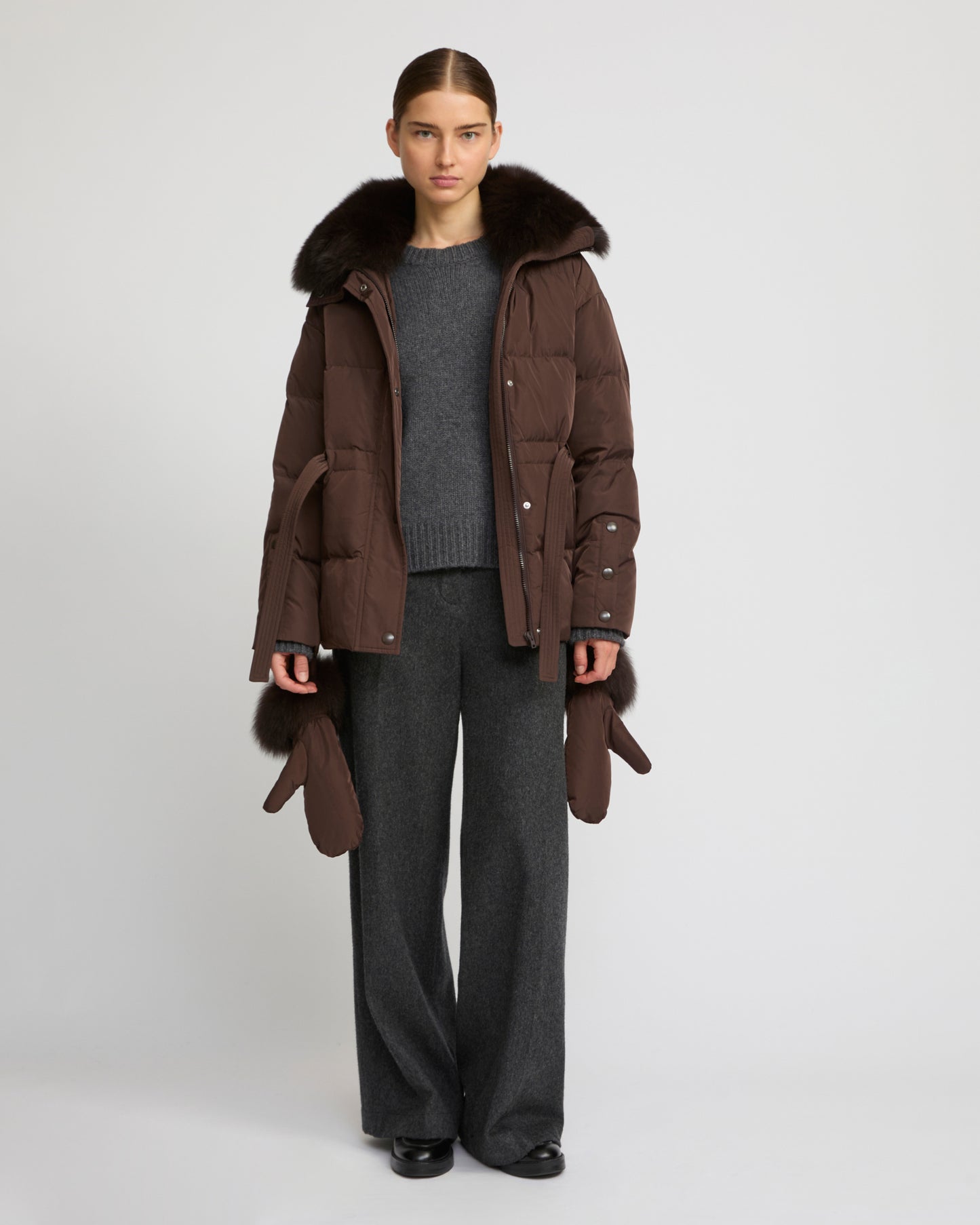 Belted technical fabric down jacket with detachable fox fur collar
