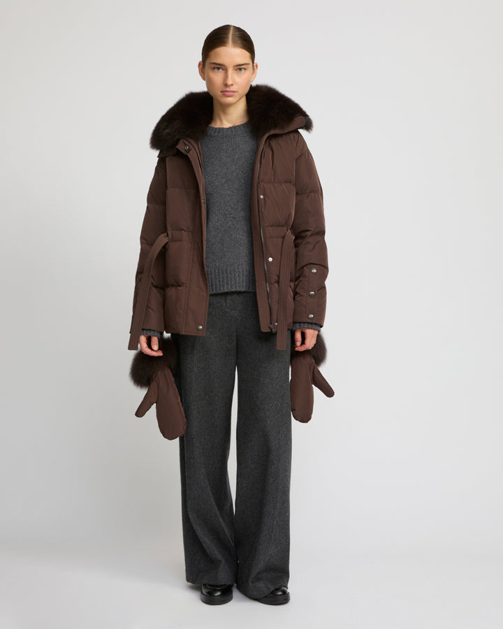 Belted technical fabric down jacket with detachable fox fur collar