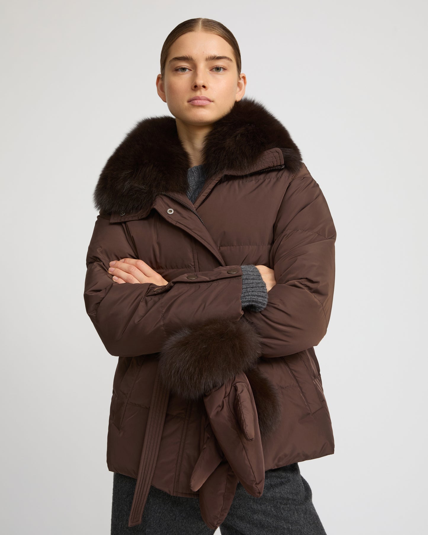 Belted technical fabric down jacket with detachable fox fur collar