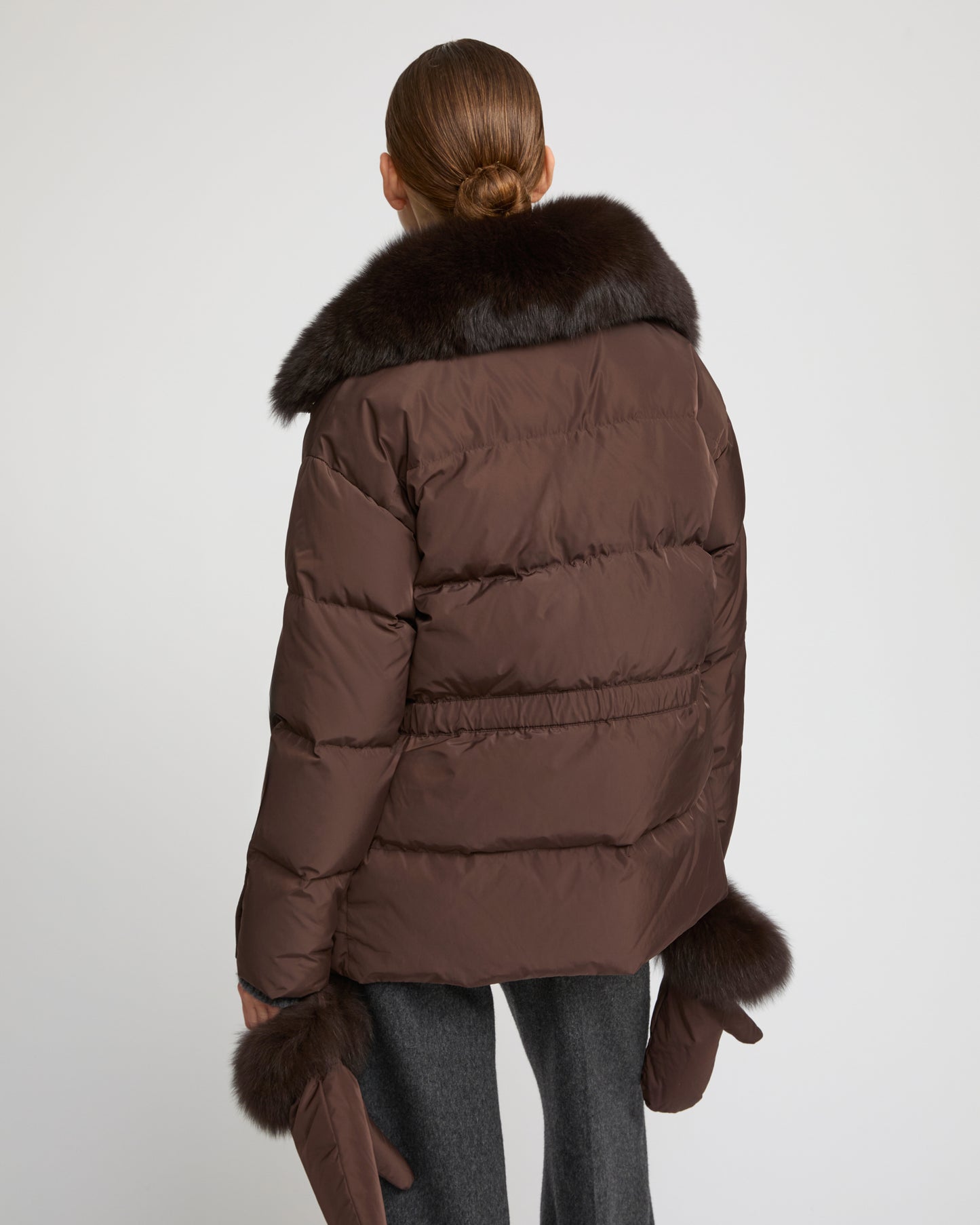 Belted technical fabric down jacket with detachable fox fur collar