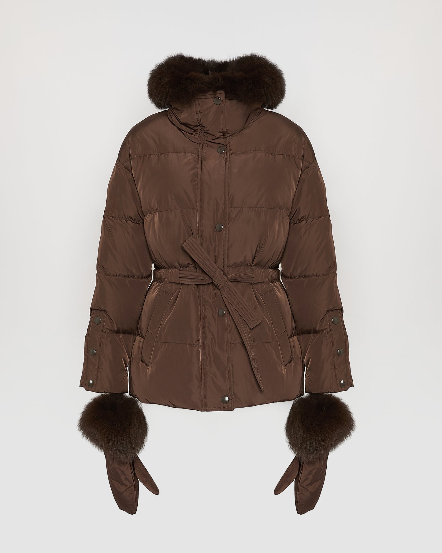 Belted technical fabric down jacket with detachable fox fur collar