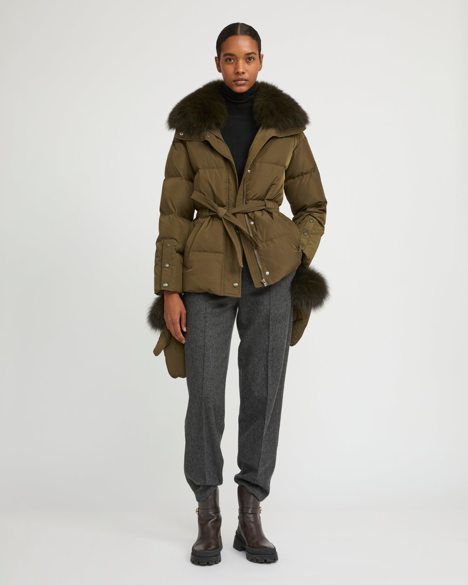 Belted technical fabric down jacket with detachable fox fur collar