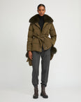 Belted technical fabric down jacket with detachable fox fur collar