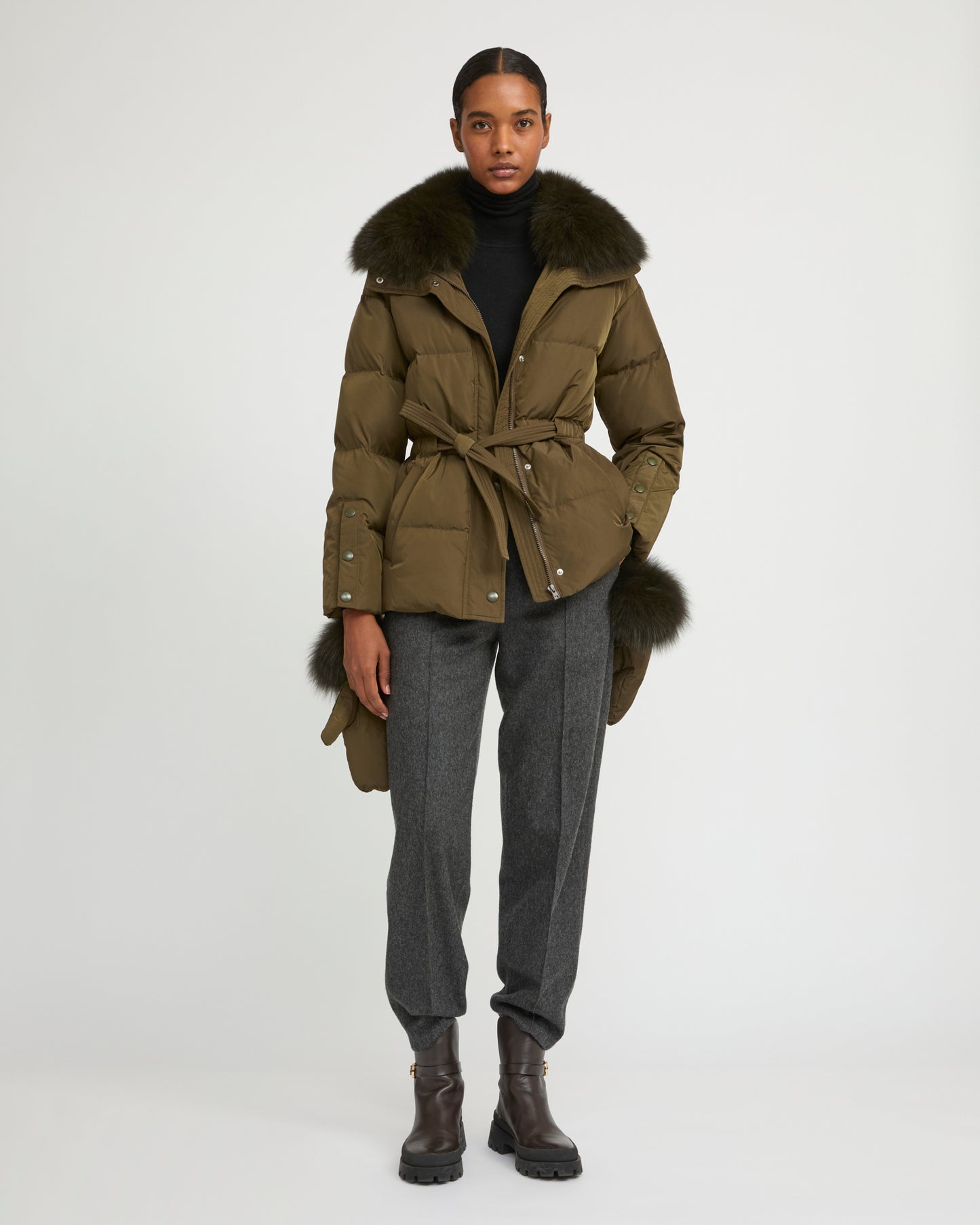 Belted technical fabric down jacket with detachable fox fur collar