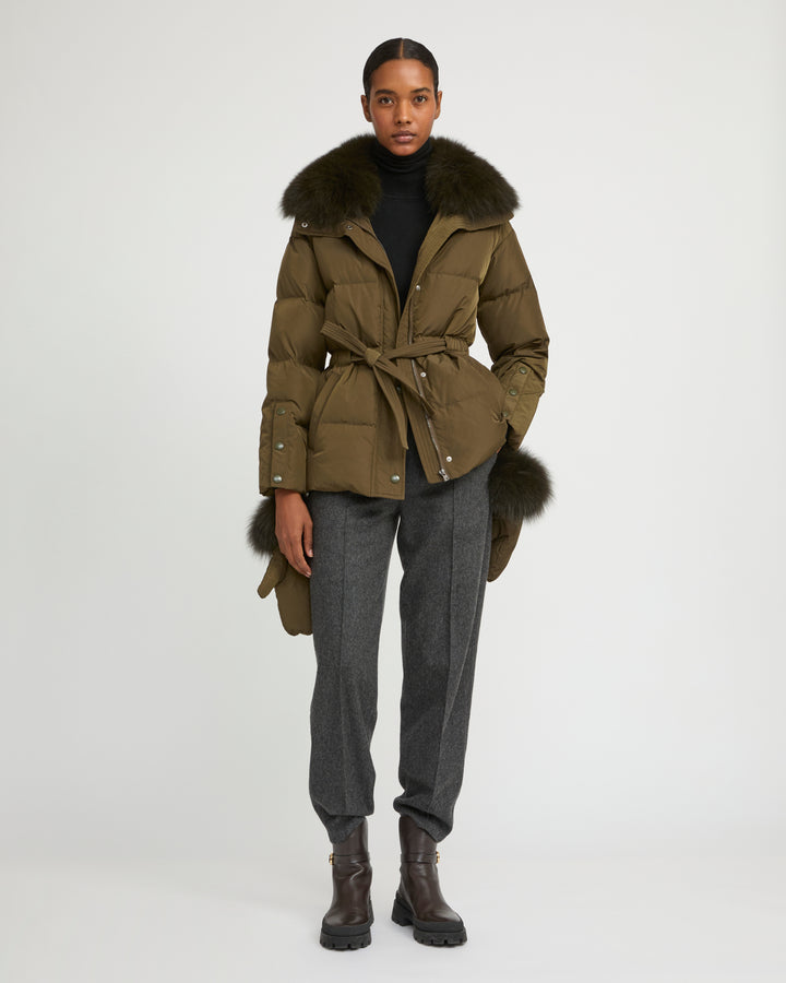 Belted technical fabric down jacket with detachable fox fur collar