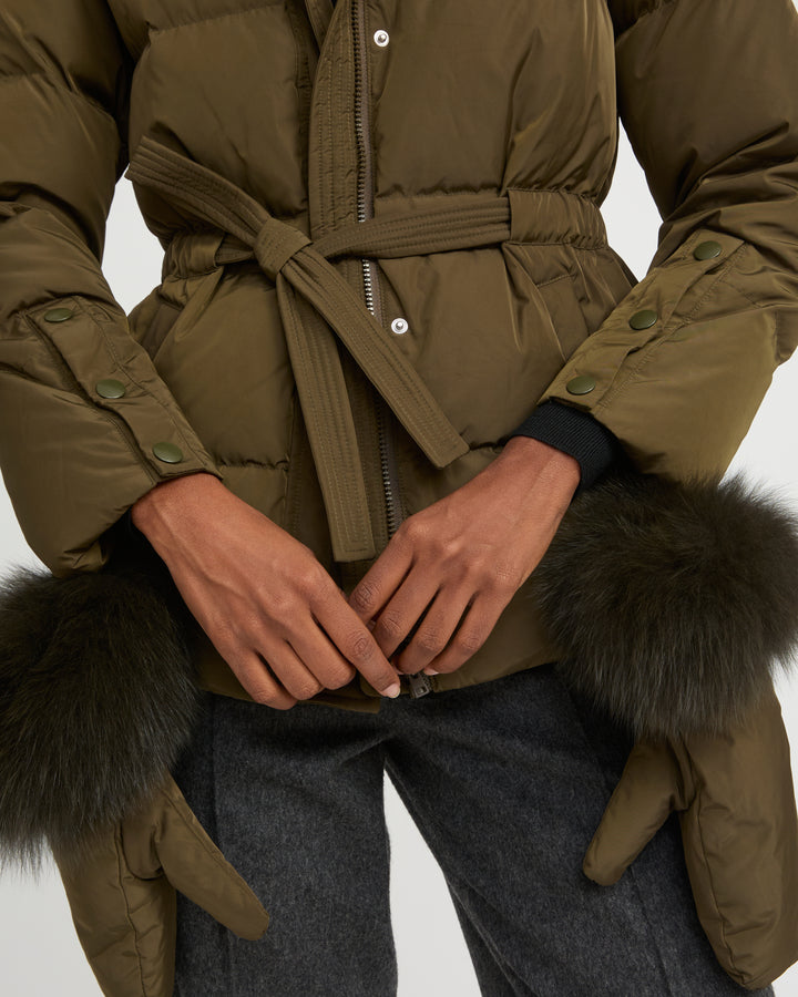 Belted technical fabric down jacket with detachable fox fur collar