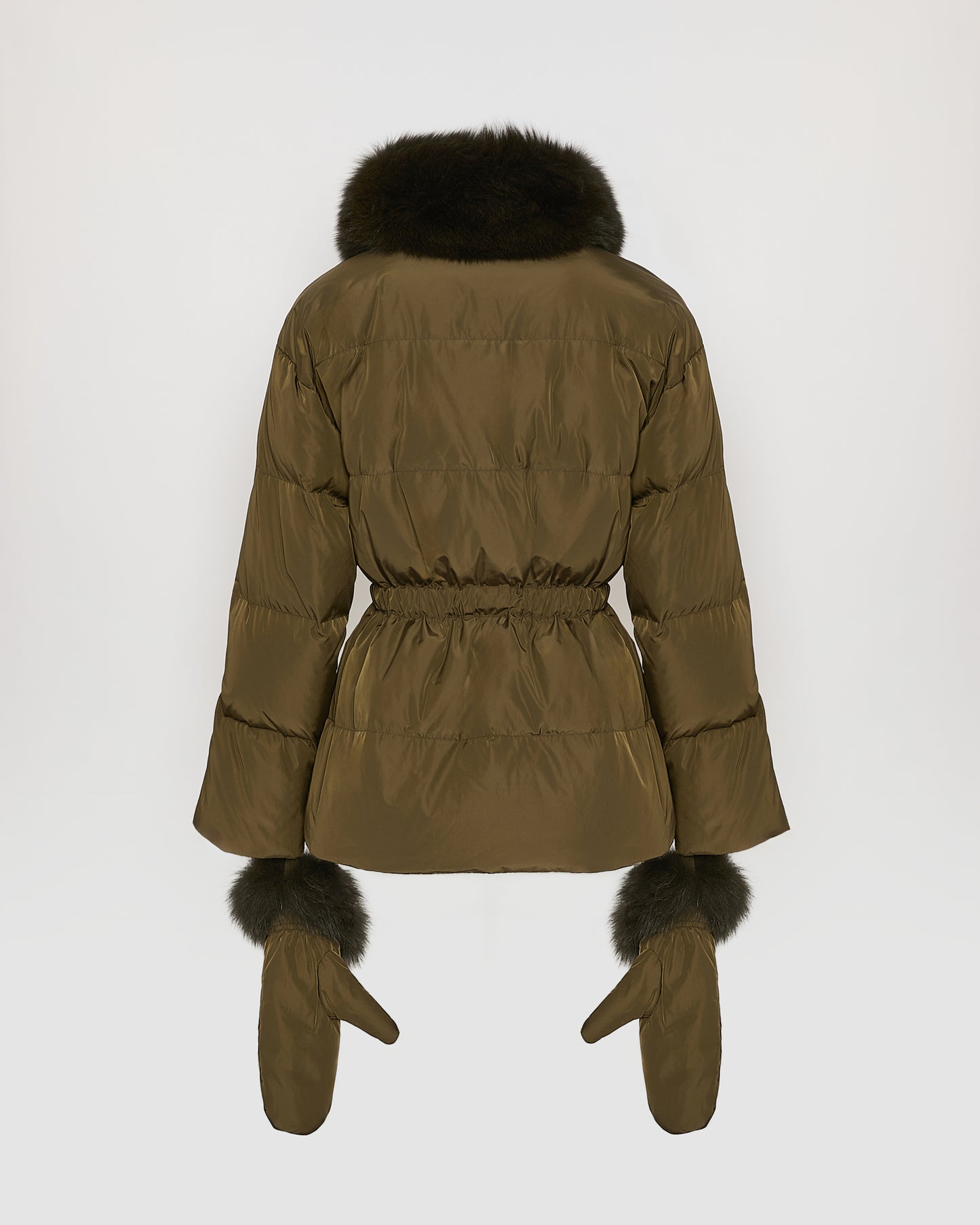 Belted technical fabric down jacket with detachable fox fur collar