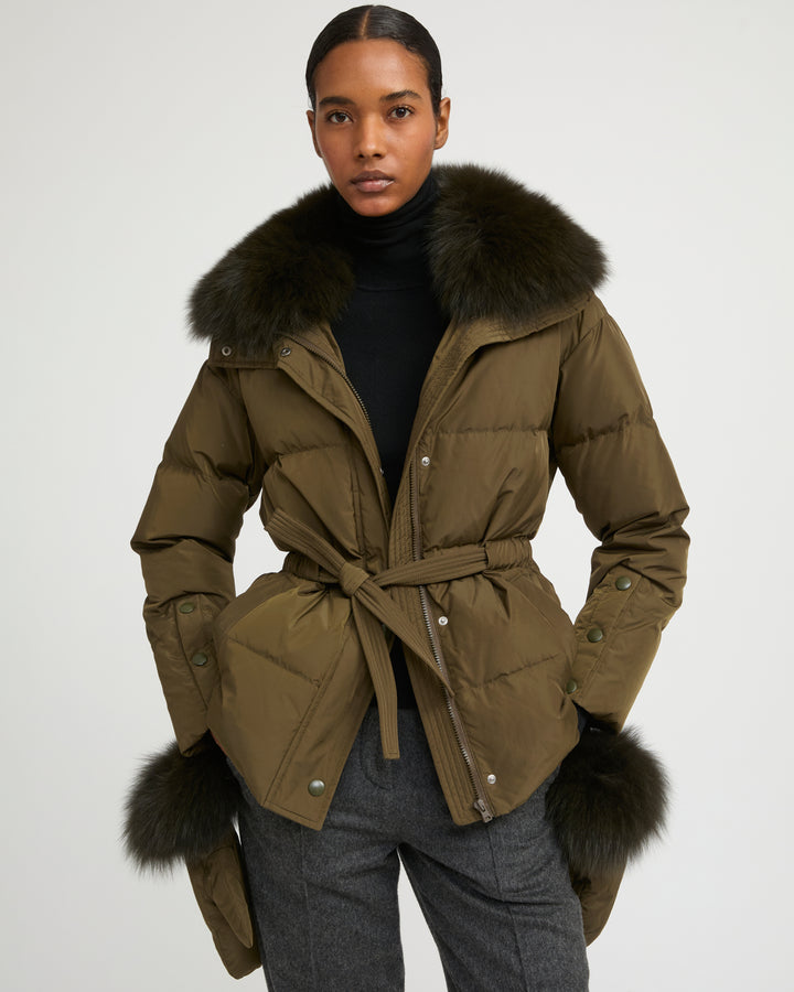 Belted technical fabric down jacket with detachable fox fur collar
