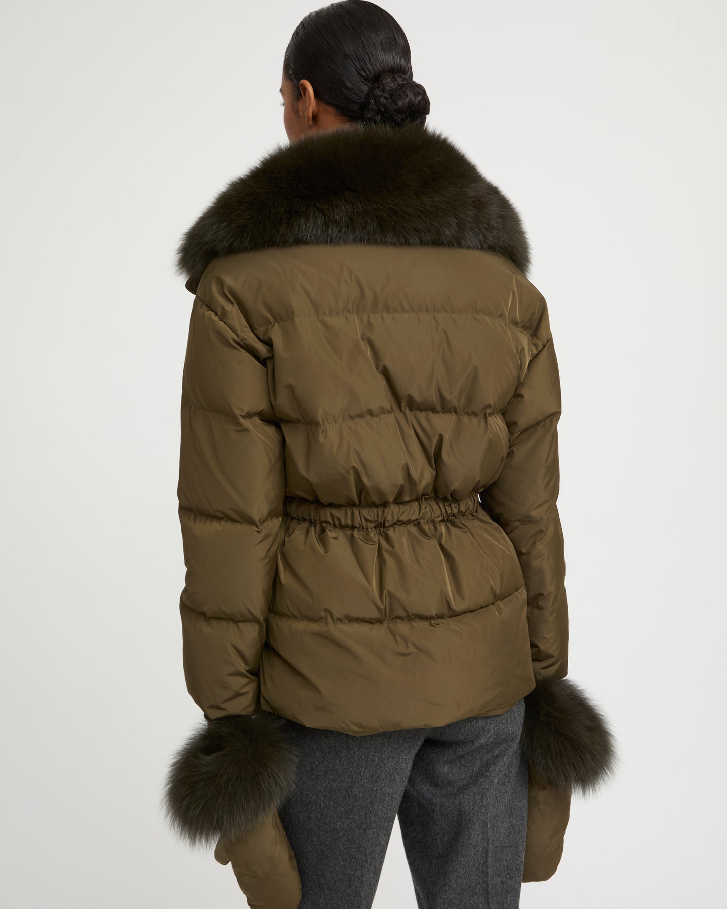 Belted technical fabric down jacket with detachable fox fur collar