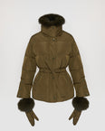 Belted technical fabric down jacket with removable fox fur collar