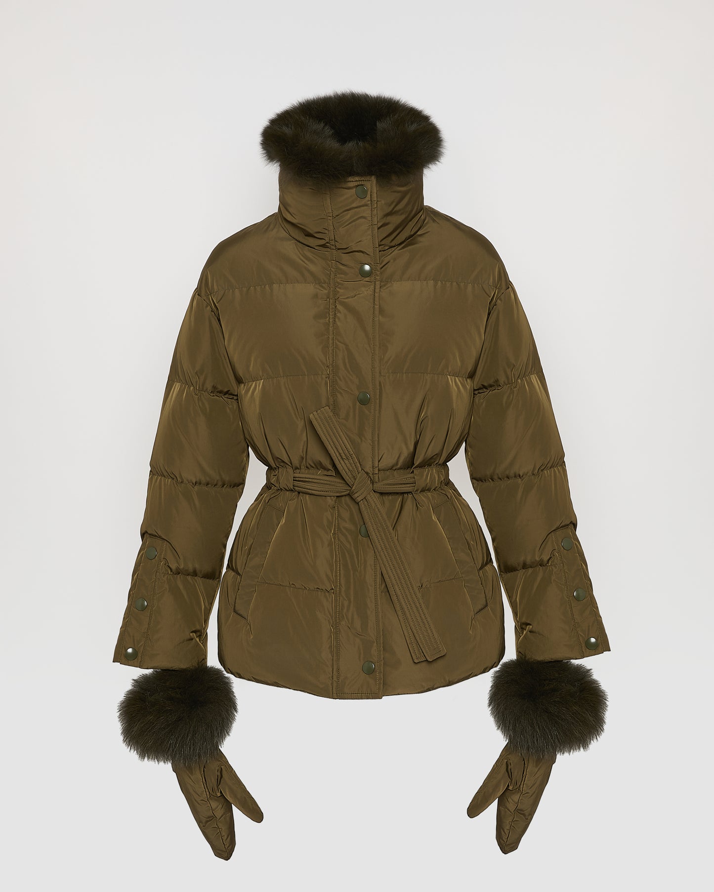 Belted technical fabric down jacket with detachable fox fur collar