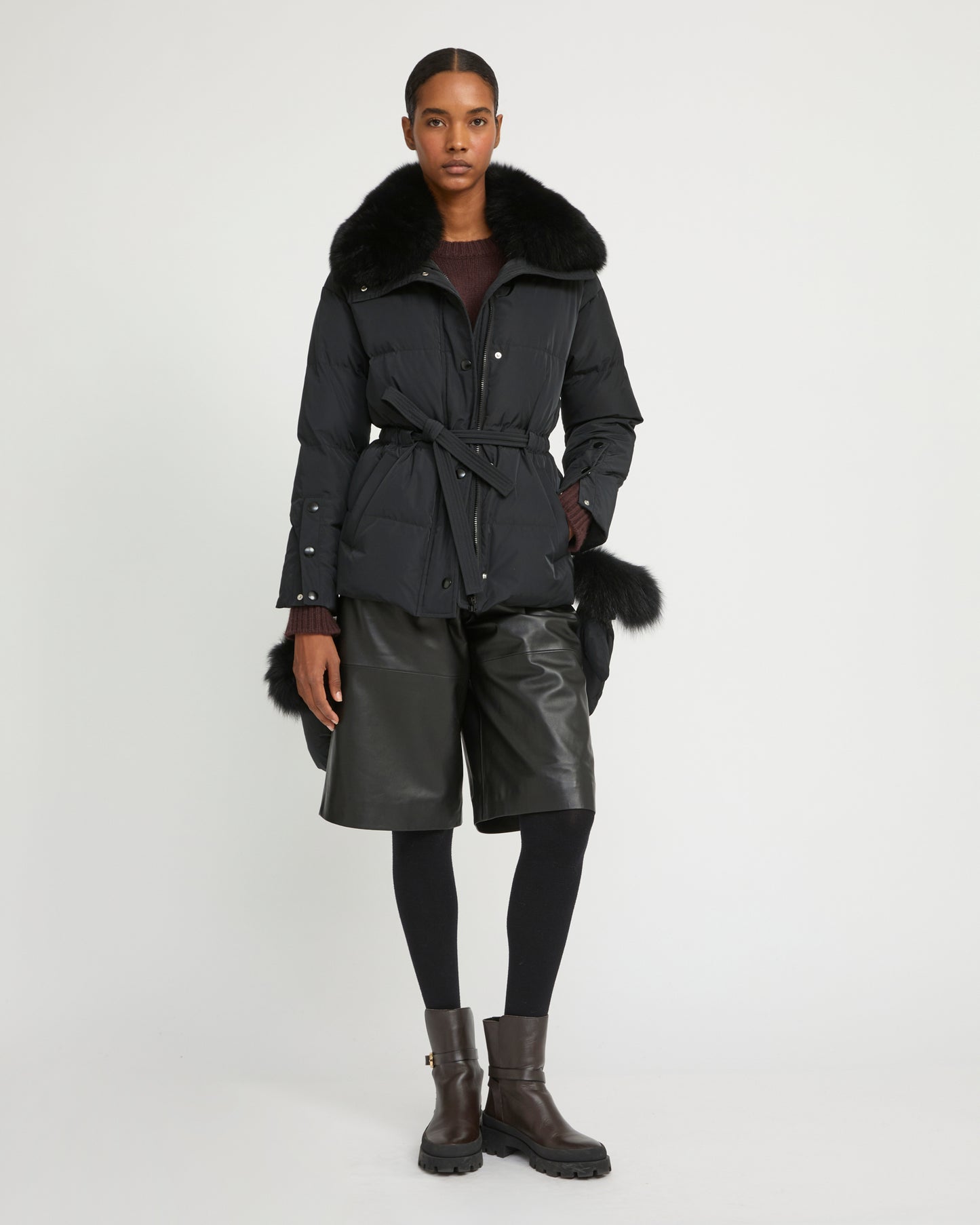 Belted technical fabric down jacket with detachable fox fur collar