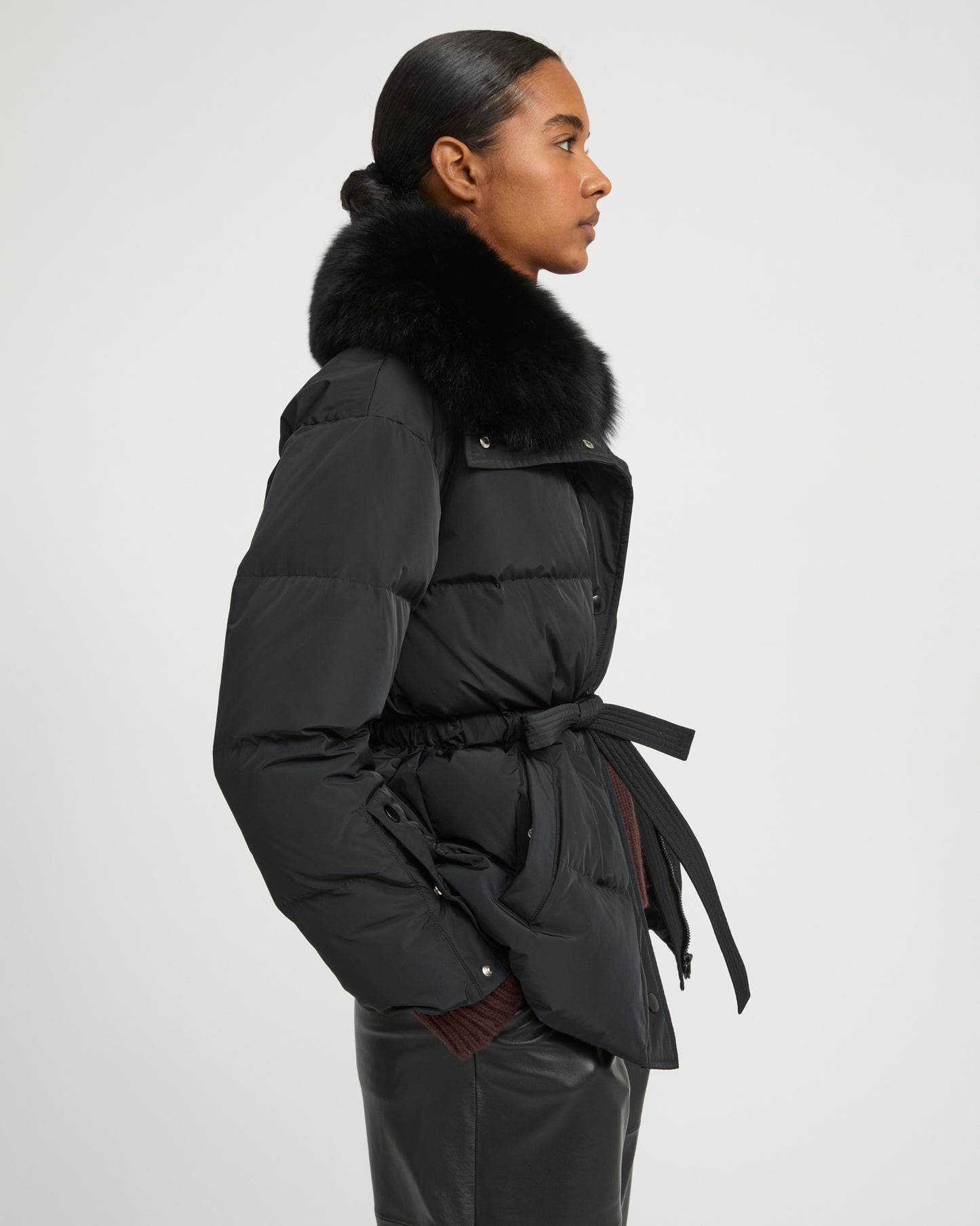 Belted technical fabric down jacket with detachable fox fur collar