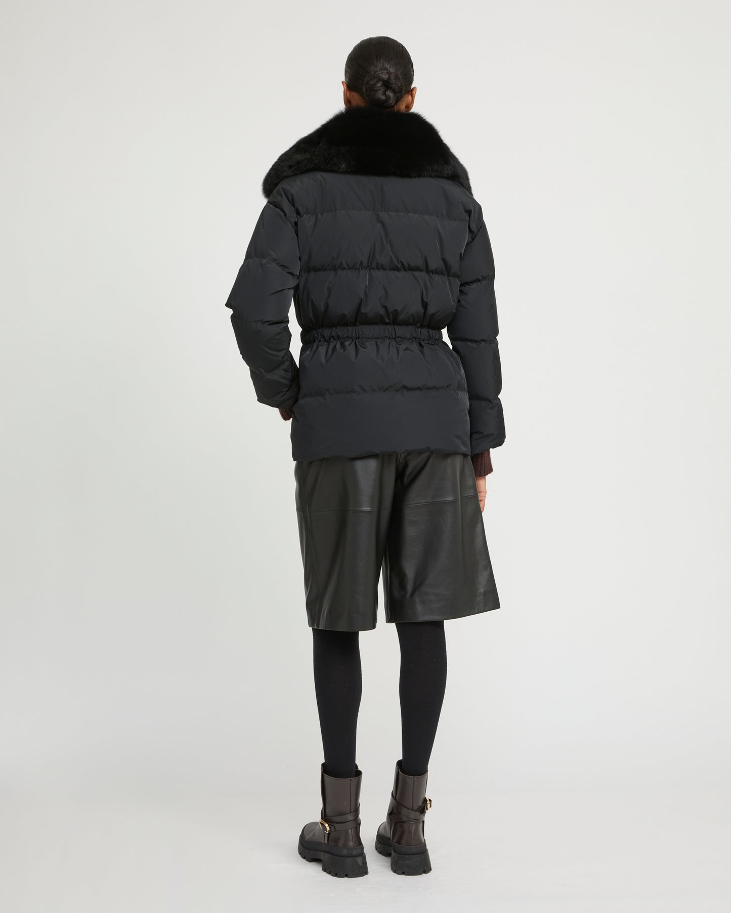 Belted technical fabric down jacket with detachable fox fur collar