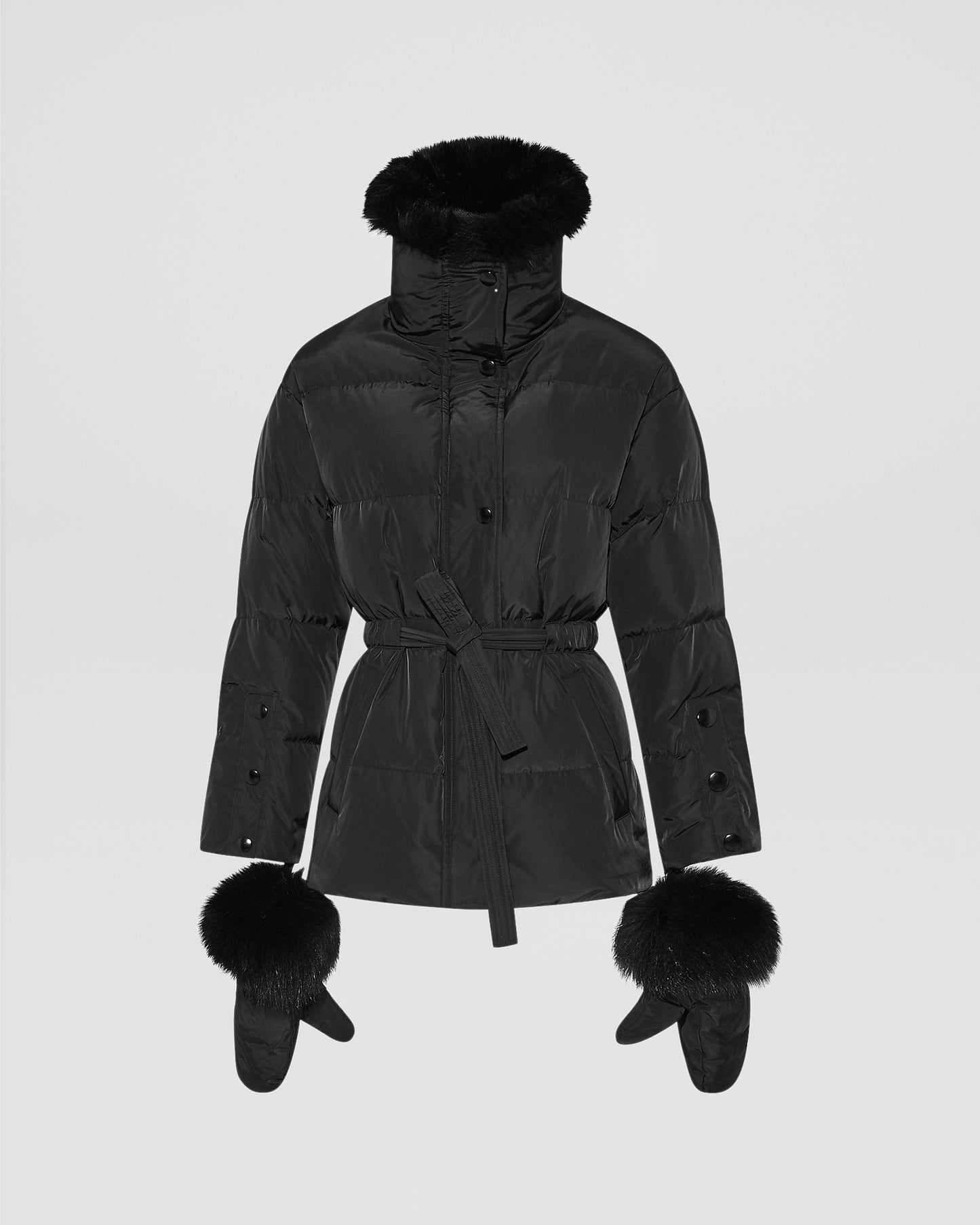 Belted technical fabric down jacket with detachable fox fur collar