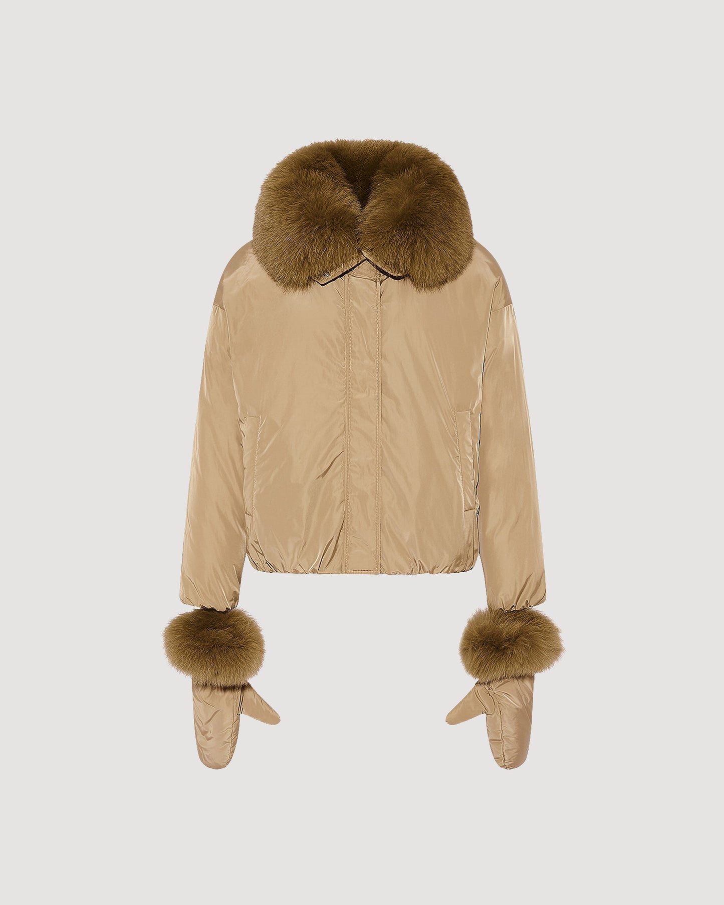 Short technical fabric down jacket with detachable fox fur collar