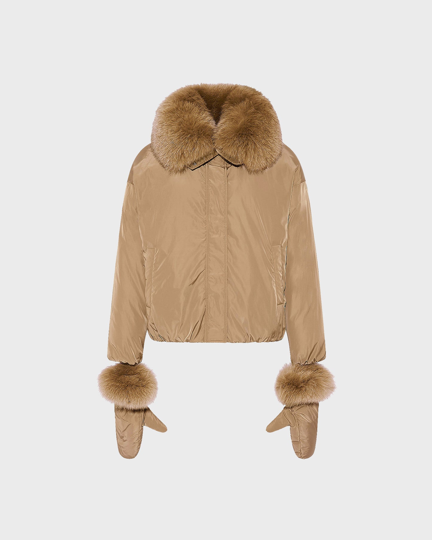 Short technical fabric down jacket with detachable fox fur collar