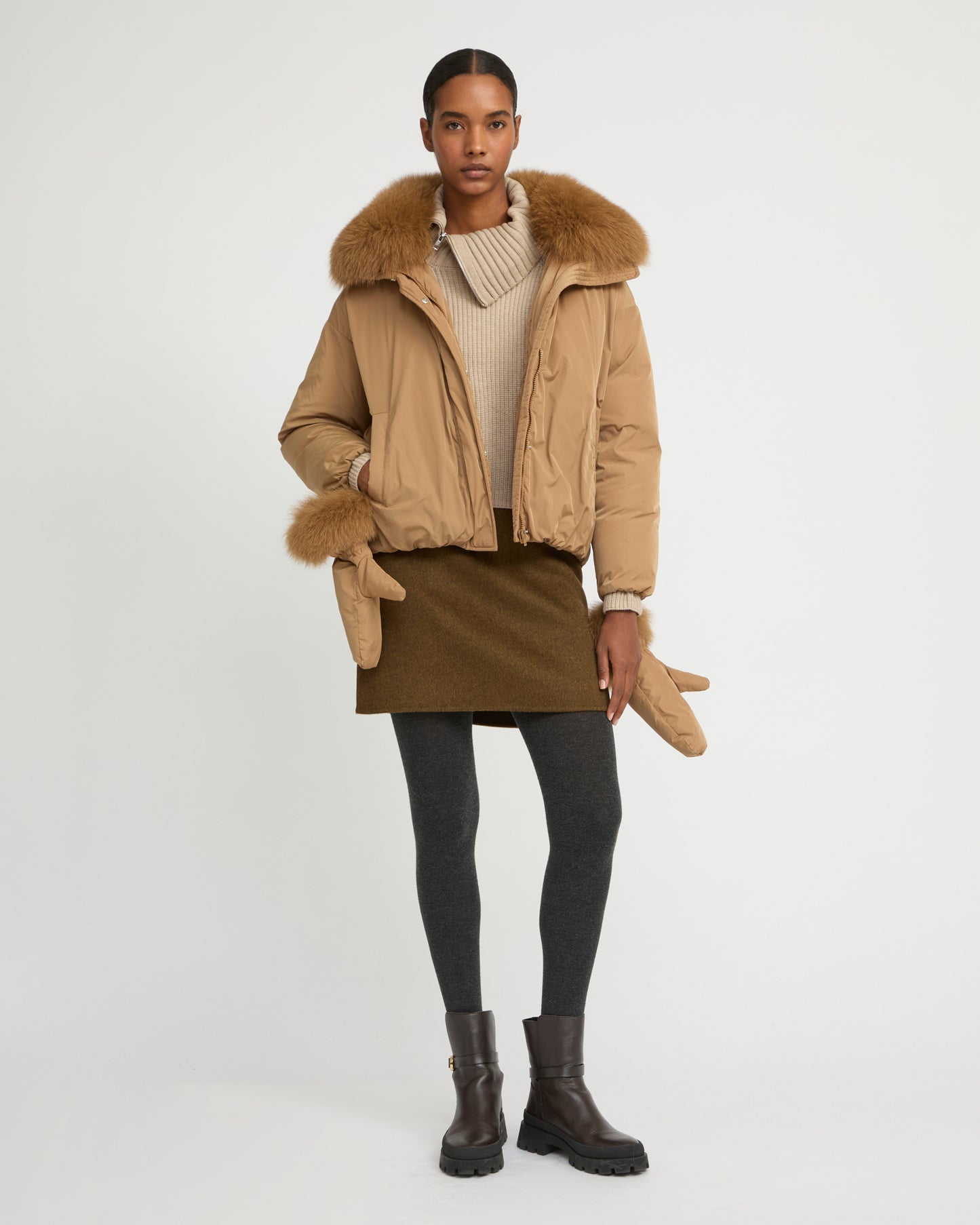 Short technical fabric down jacket with detachable fox fur collar