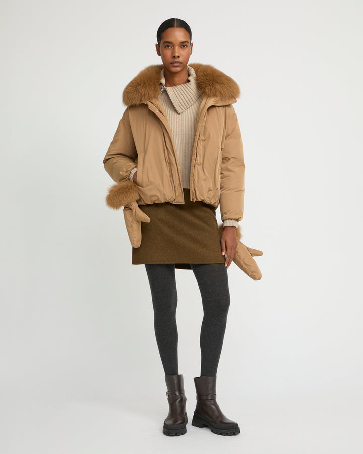 Short technical fabric down jacket with detachable fox fur collar