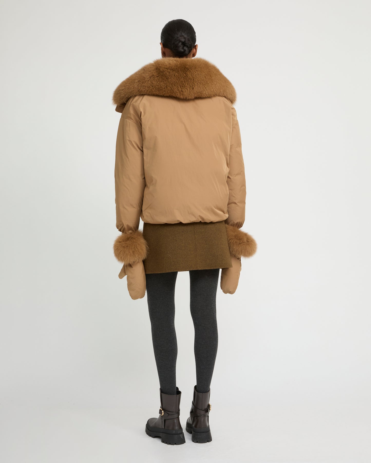 Short technical fabric down jacket with detachable fox fur collar