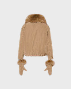 Short technical fabric down jacket with detachable fox fur collar