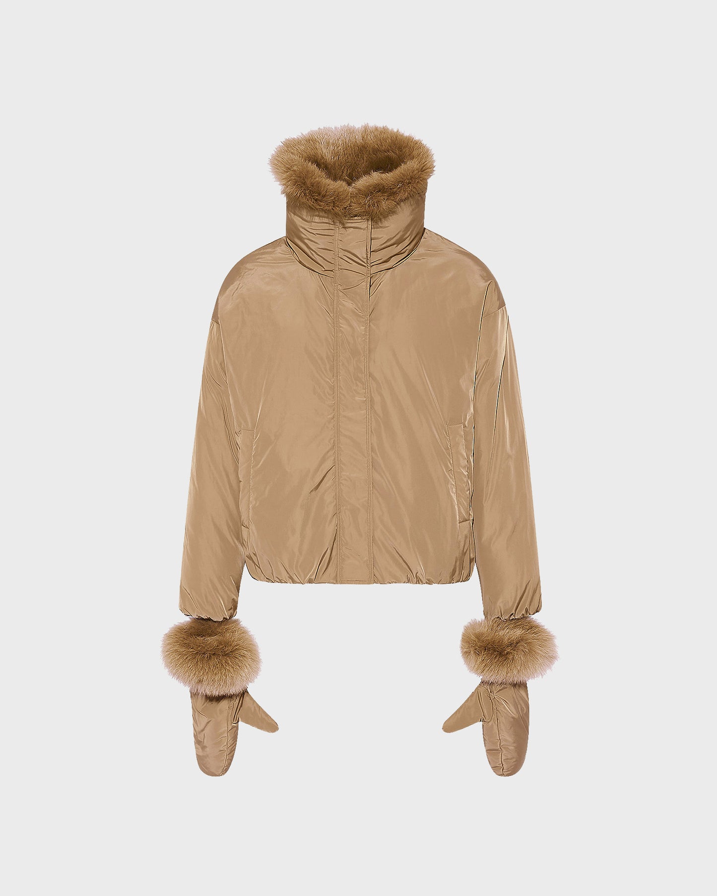 Short technical fabric down jacket with detachable fox fur collar