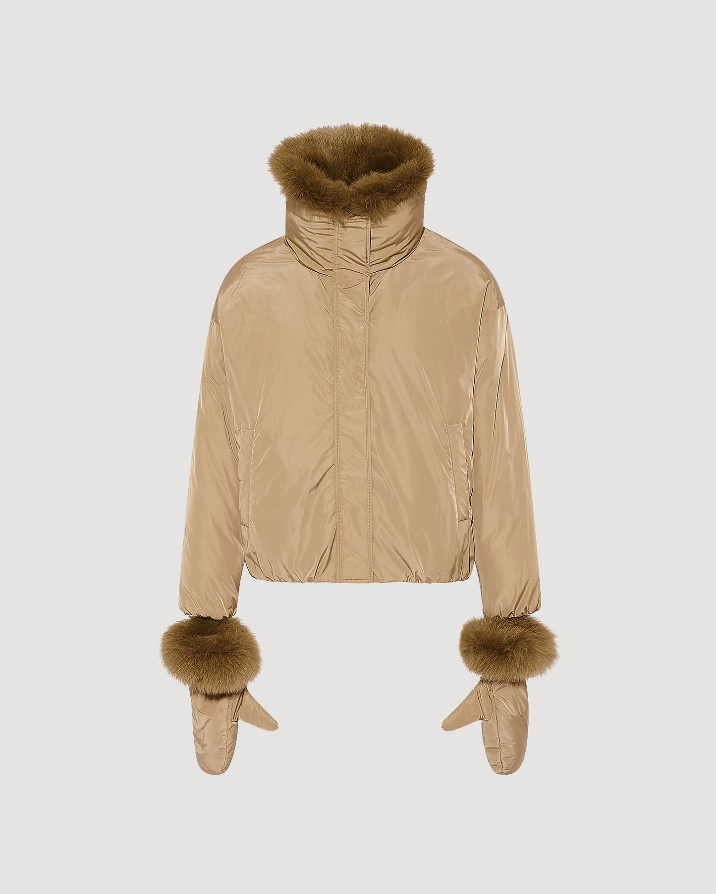 Short technical fabric down jacket with detachable fox fur collar