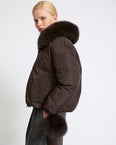 Short technical fabric down jacket with detachable fox fur collar