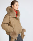 Short technical fabric down jacket with detachable fox fur collar