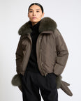 Short technical fabric down jacket with detachable fox fur collar