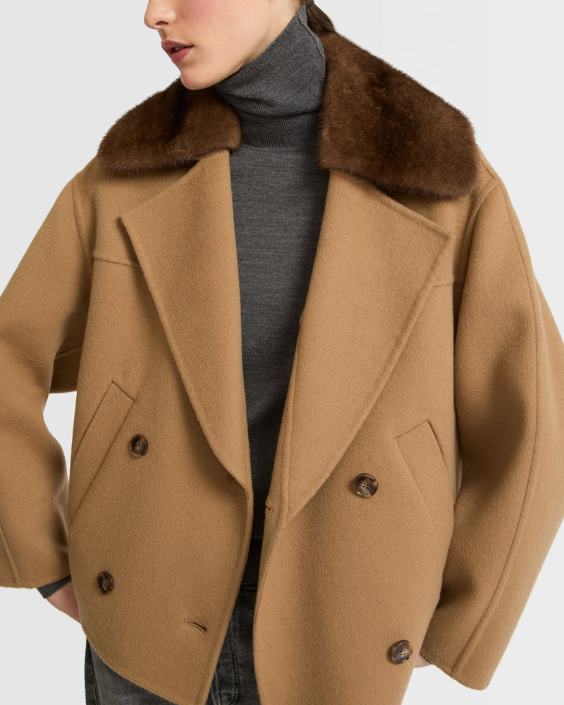 Cashmere blend pea jacket with removable mink collar