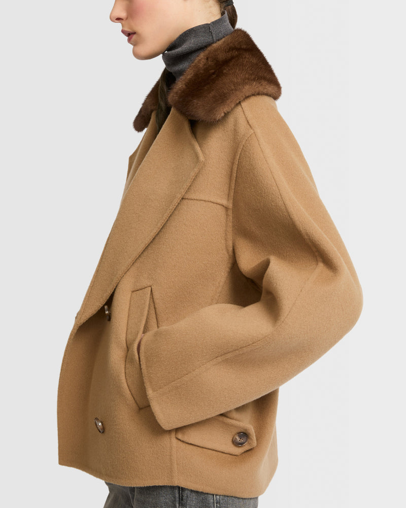 Cashmere blend pea jacket with removable mink collar